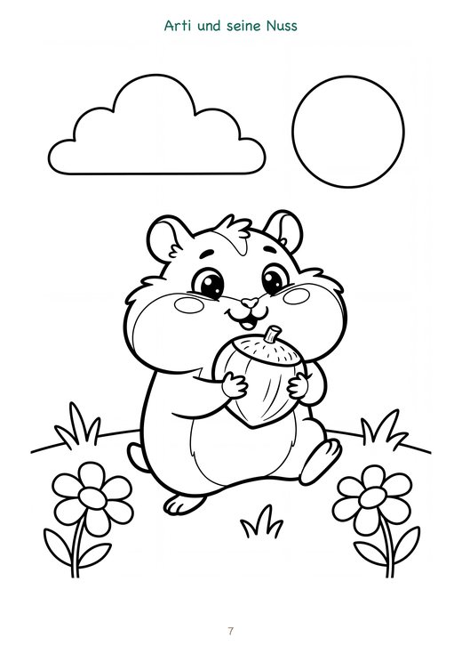 Ausmalseite: Arti der Hamster mit seiner Nuss