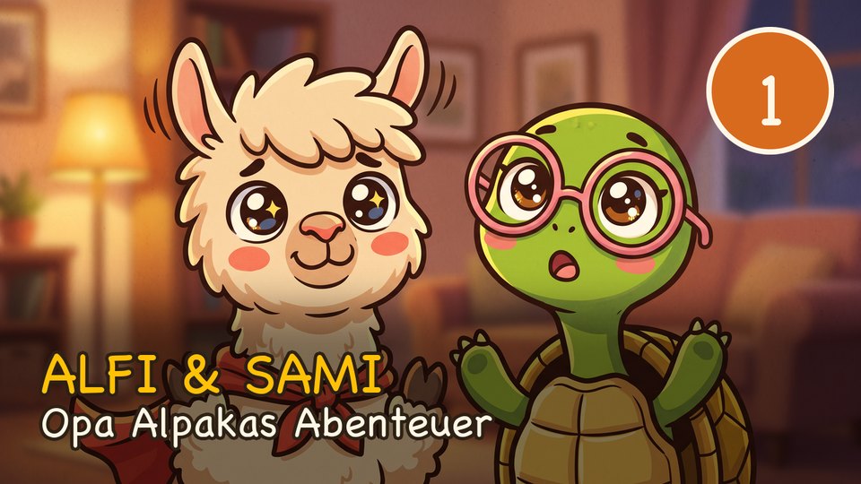 Alfi das Alpaka und Sami die Schildkröte im Wohnzimmer von Opa Alpaka